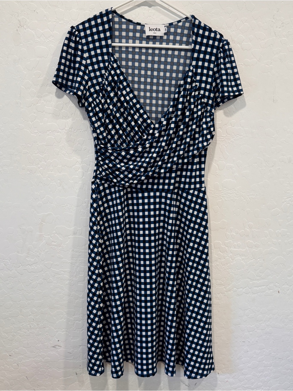 Leota Faux Wrap Gingham Midi Dress Womens Medium Blue White Gathered Cocktail